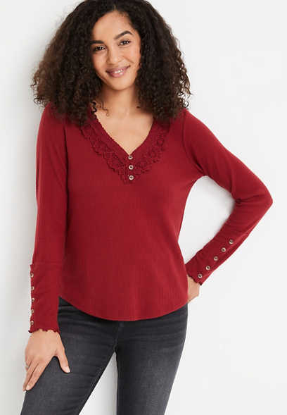 Red Crochet Lace Henley Top