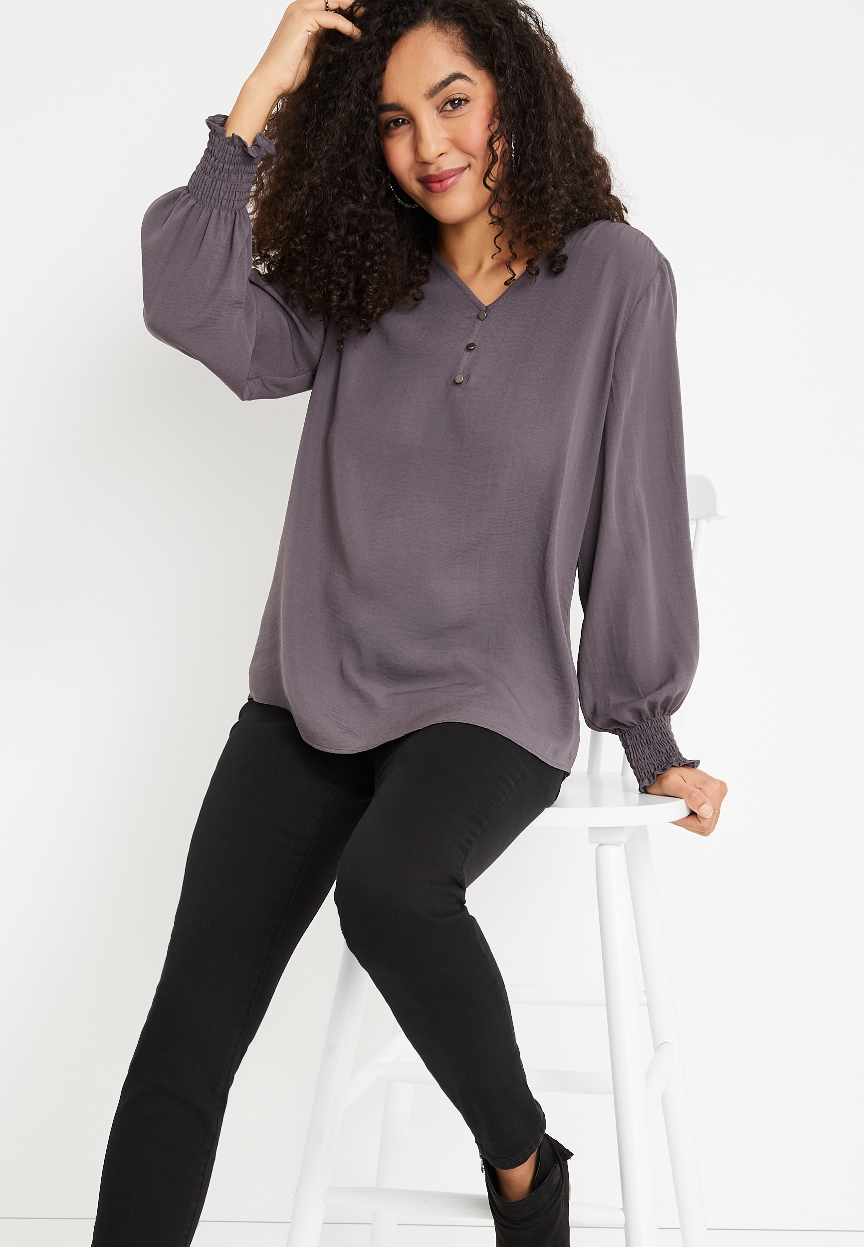 Solid Button Front Tunic Blouse, C3567, large