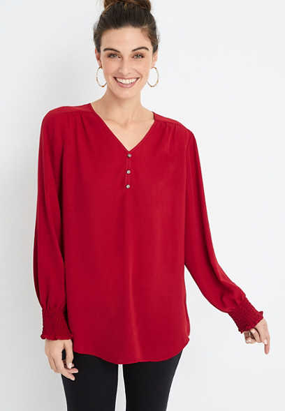 Solid Button Front Tunic Blouse