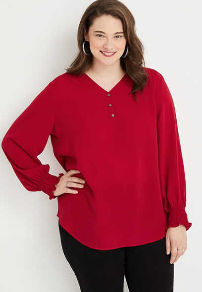 Plus Size Solid Button Front Tunic Blouse