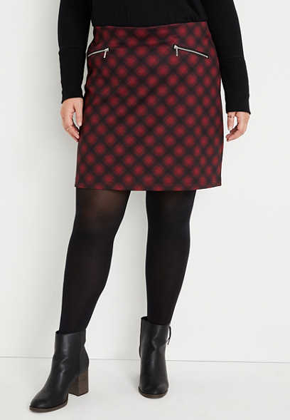 Plus Size Red Buffalo Plaid Ponte Skirt
