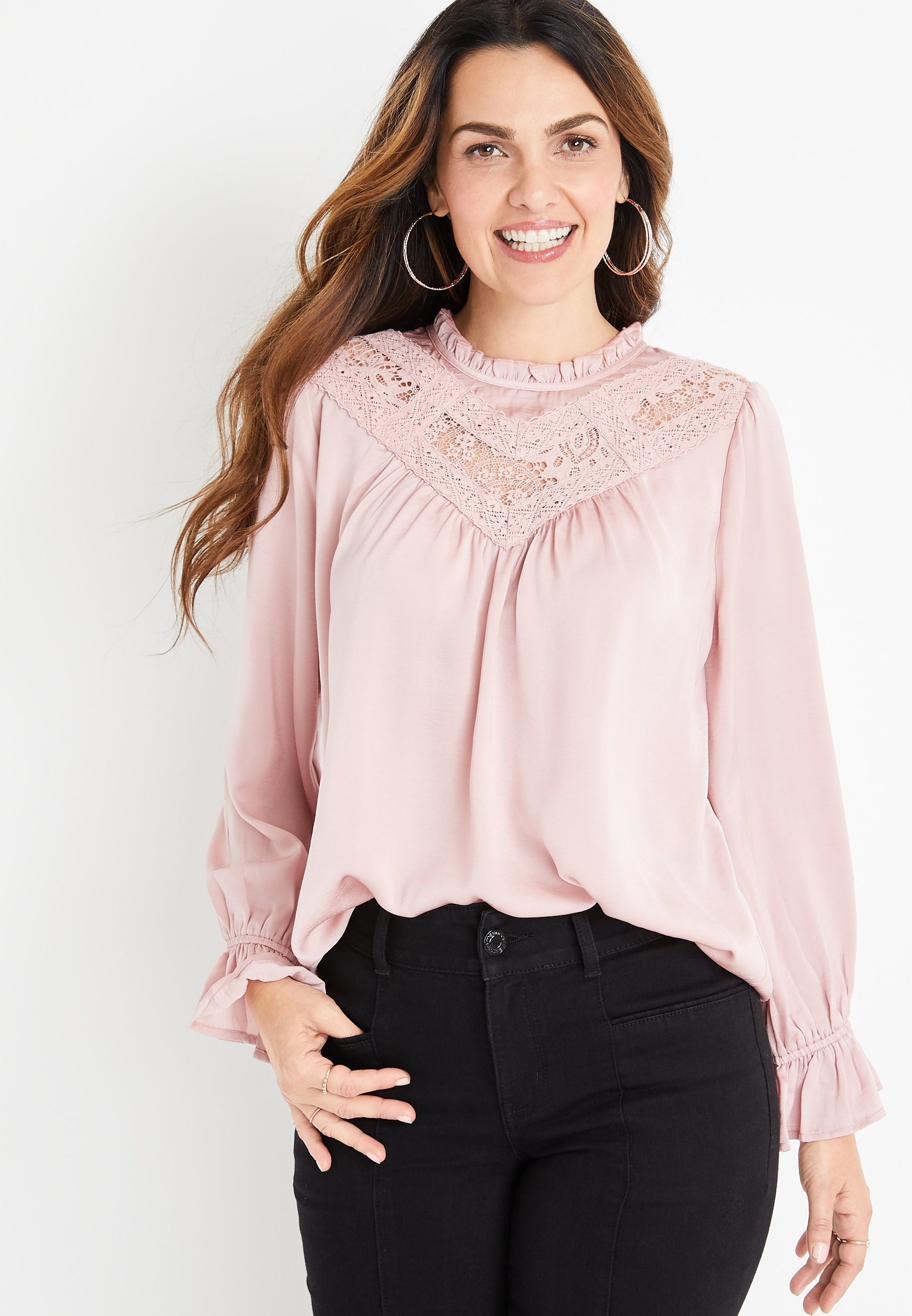 Pink Satin Lace Inset Blouse | maurices