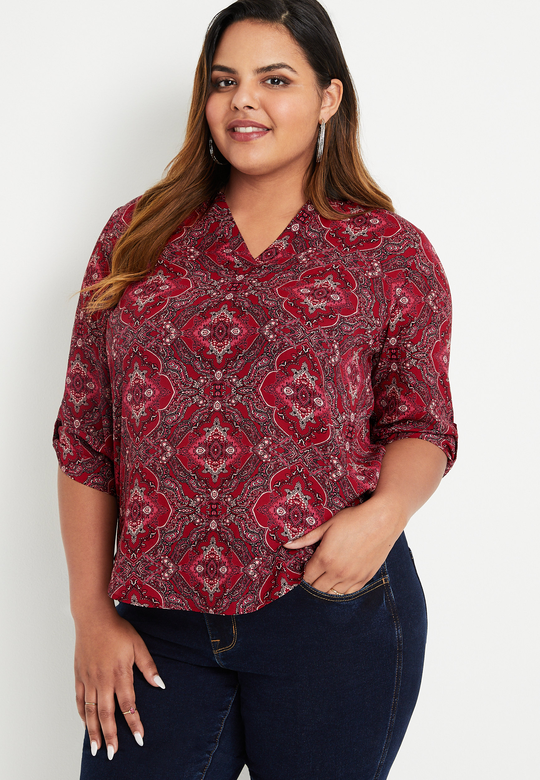 Plus Size Atwood Paisley 3/4 Sleeve Popover Blouse | maurices