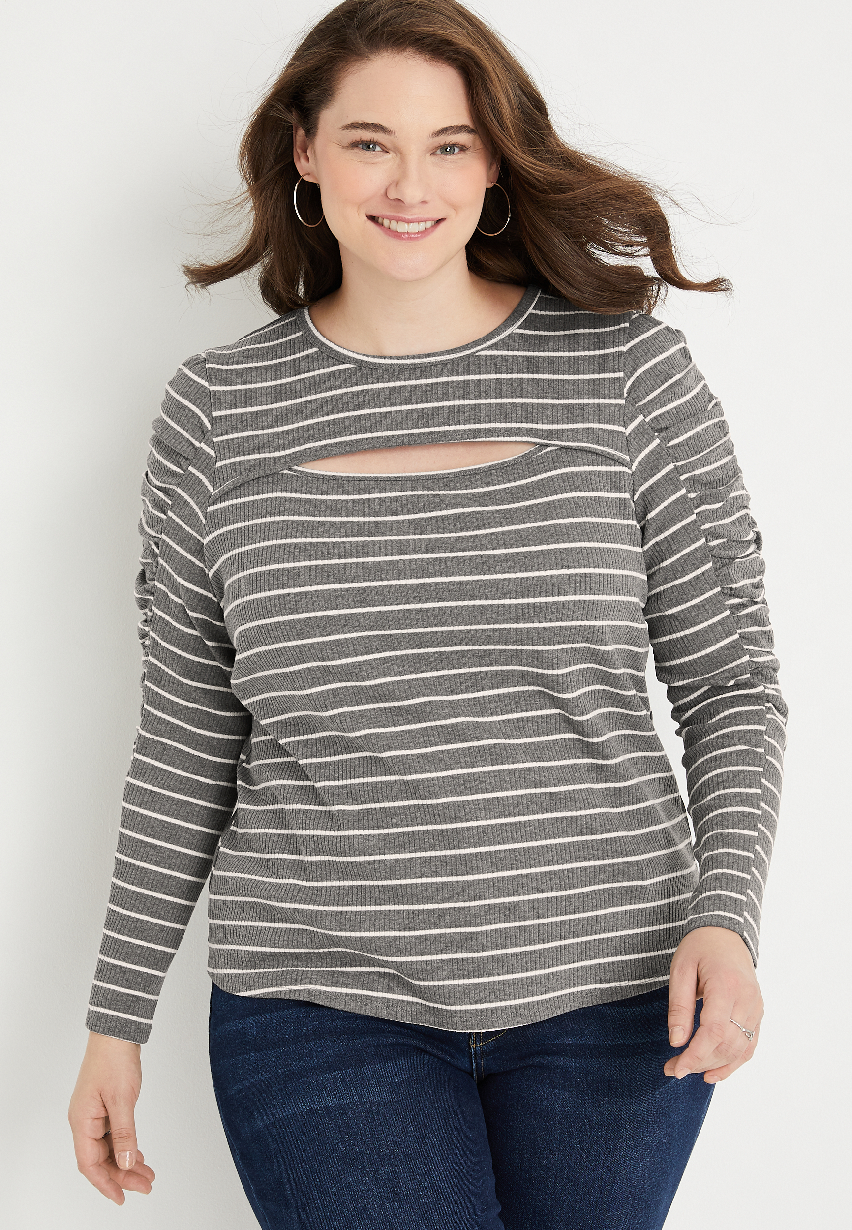 Plus Size Gray Striped Cutout Neck Top | maurices