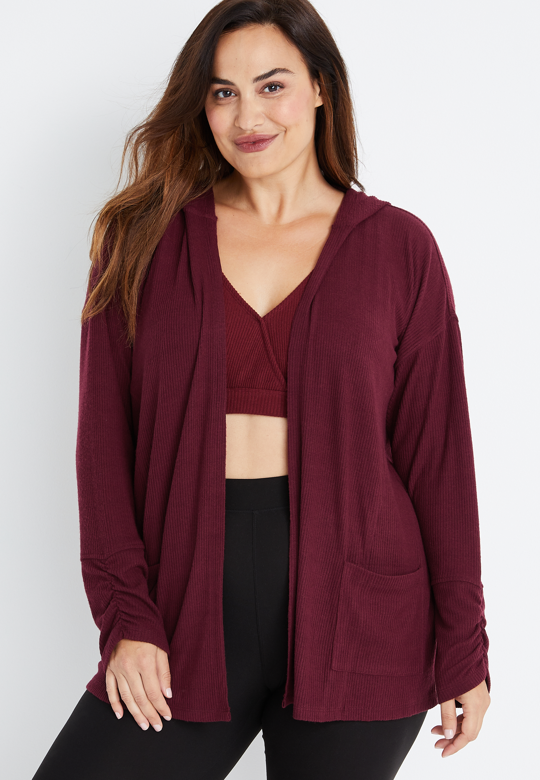 Plus Size Berry Ribbed Hooded Cardigan maurices