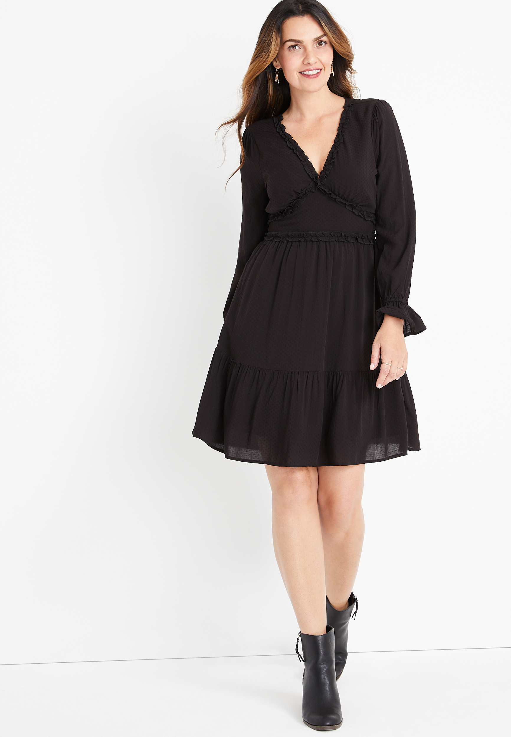 Black ruffle shop long sleeve dress