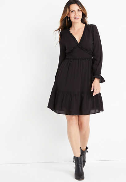 Black Ruffle Long Sleeve Mini Dress