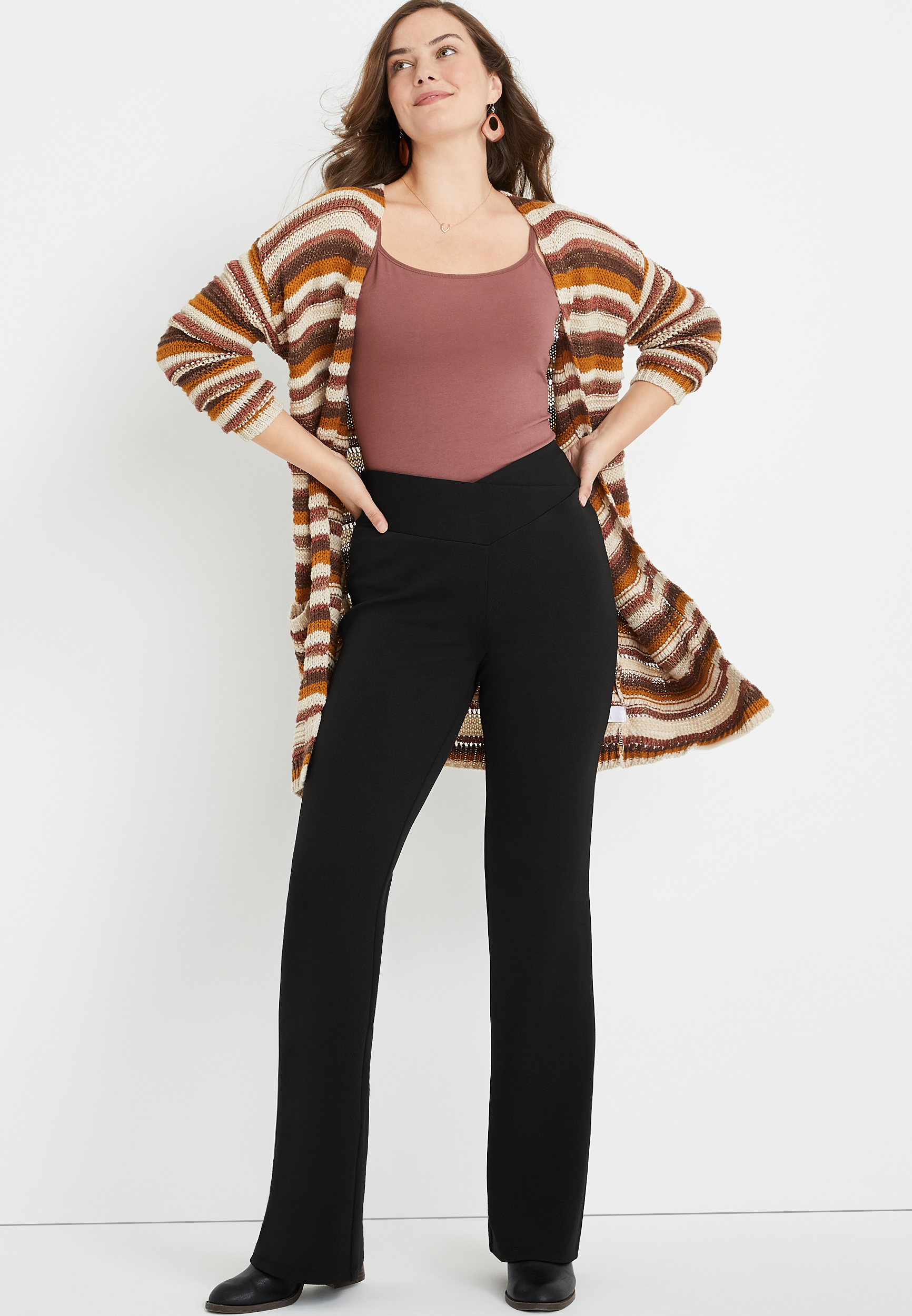 Black Flare Crossover Waist Crepe Pant, C106, large