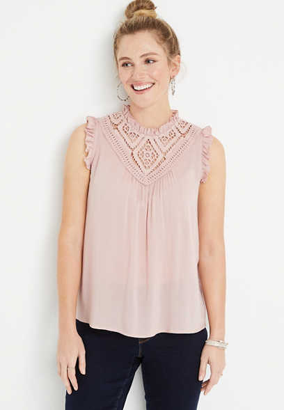 Solid Lace Mock Neck Tank Top