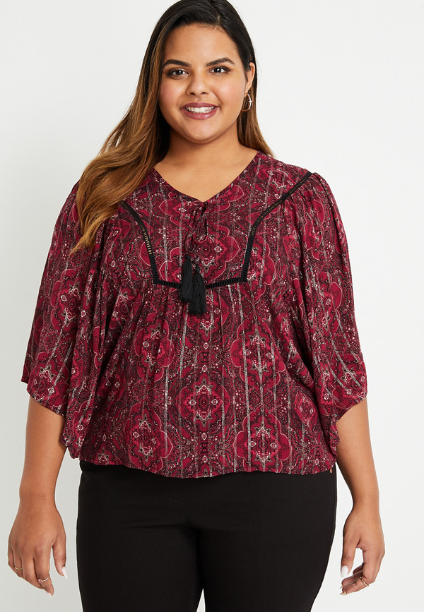 Plus Size Red Floral Kimono Sleeve Blouse | maurices