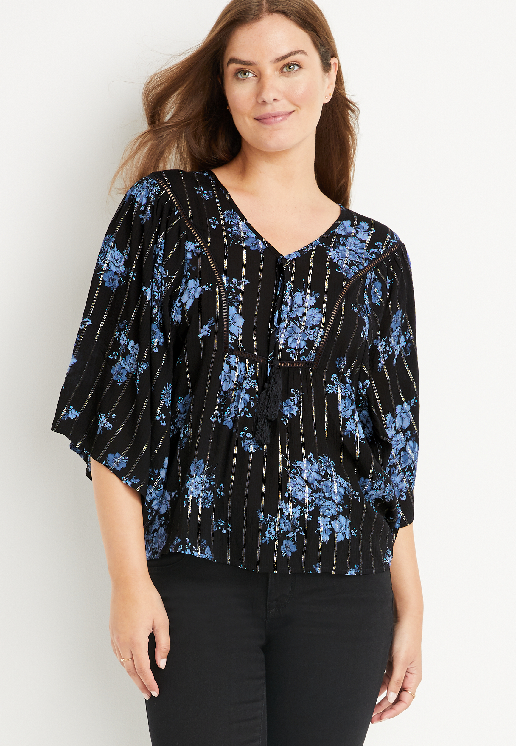 Blue Floral Kimono Sleeve Blouse maurices