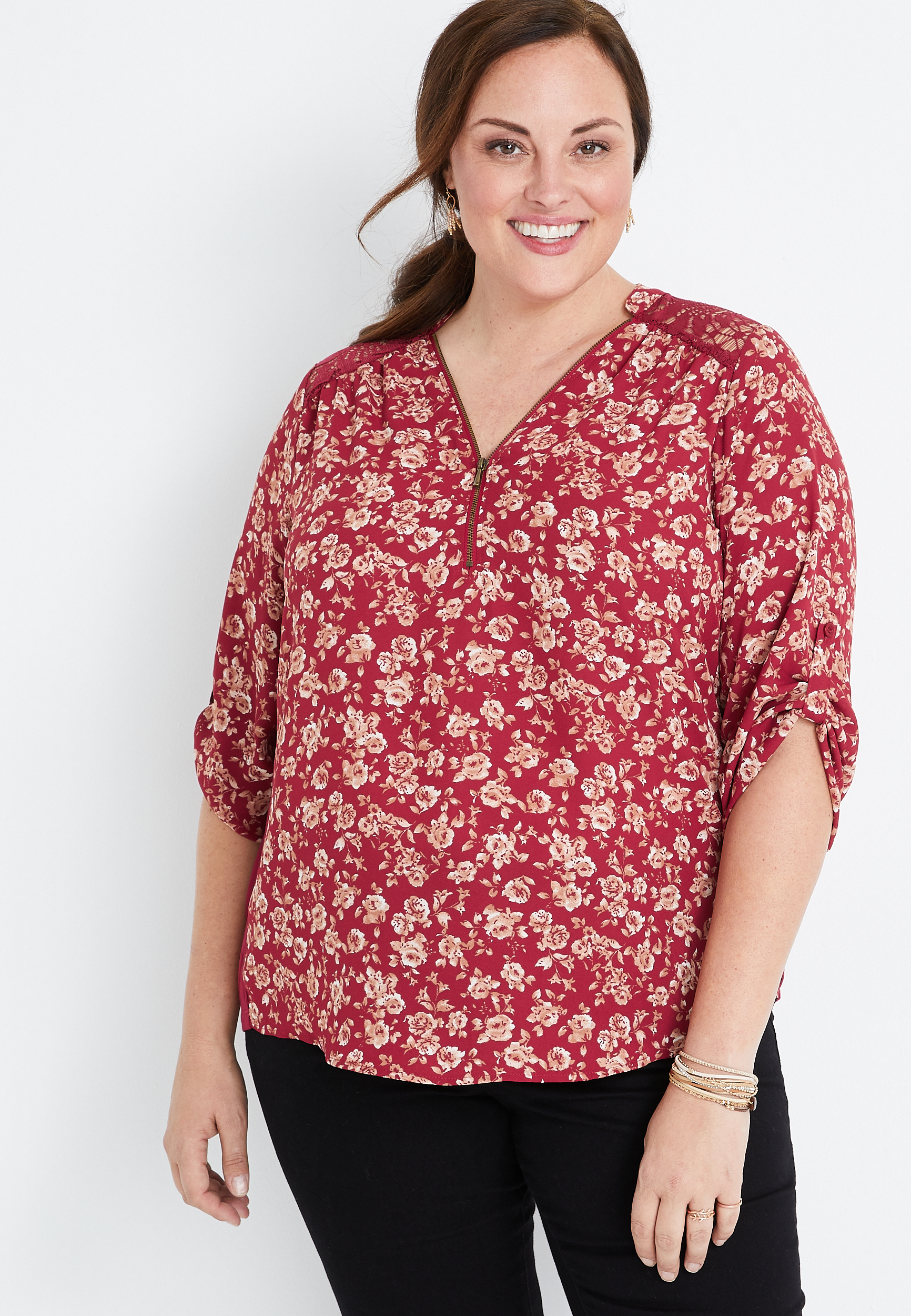 Plus Size Red Floral Quarter Zip Blouse | maurices