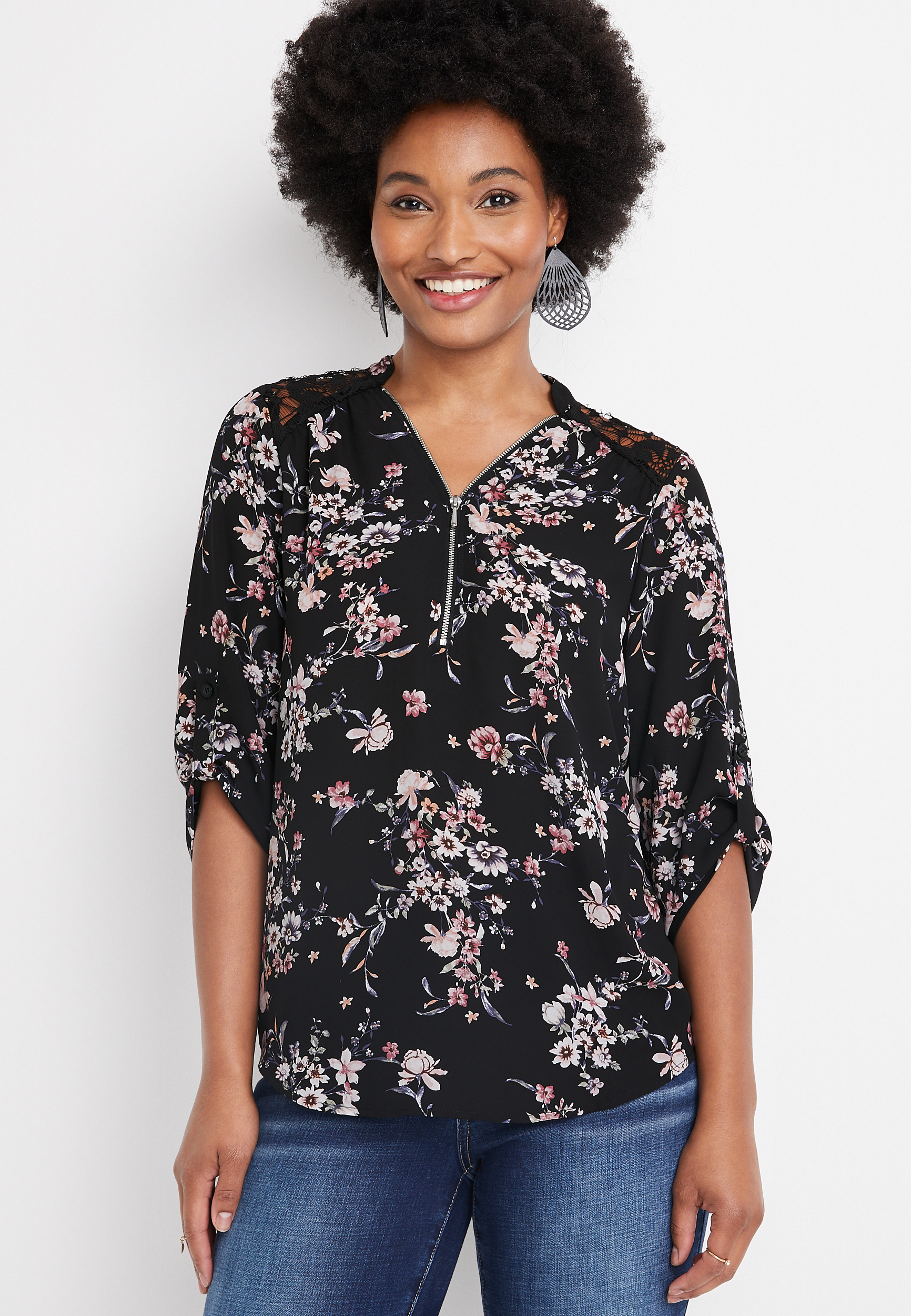 Black Floral Quarter Zip Blouse | maurices