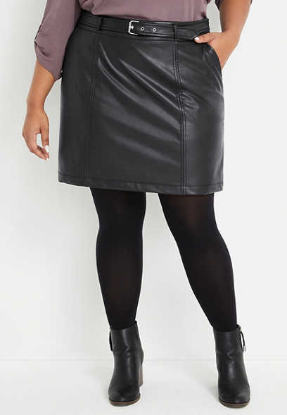 Plus Size Black Faux Leather Belted Skirt