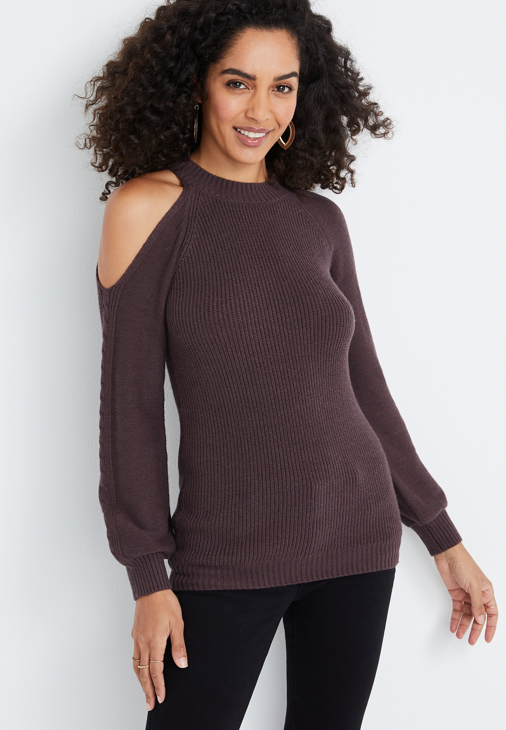 Purple Cold Shoulder Crew Neck Sweater 