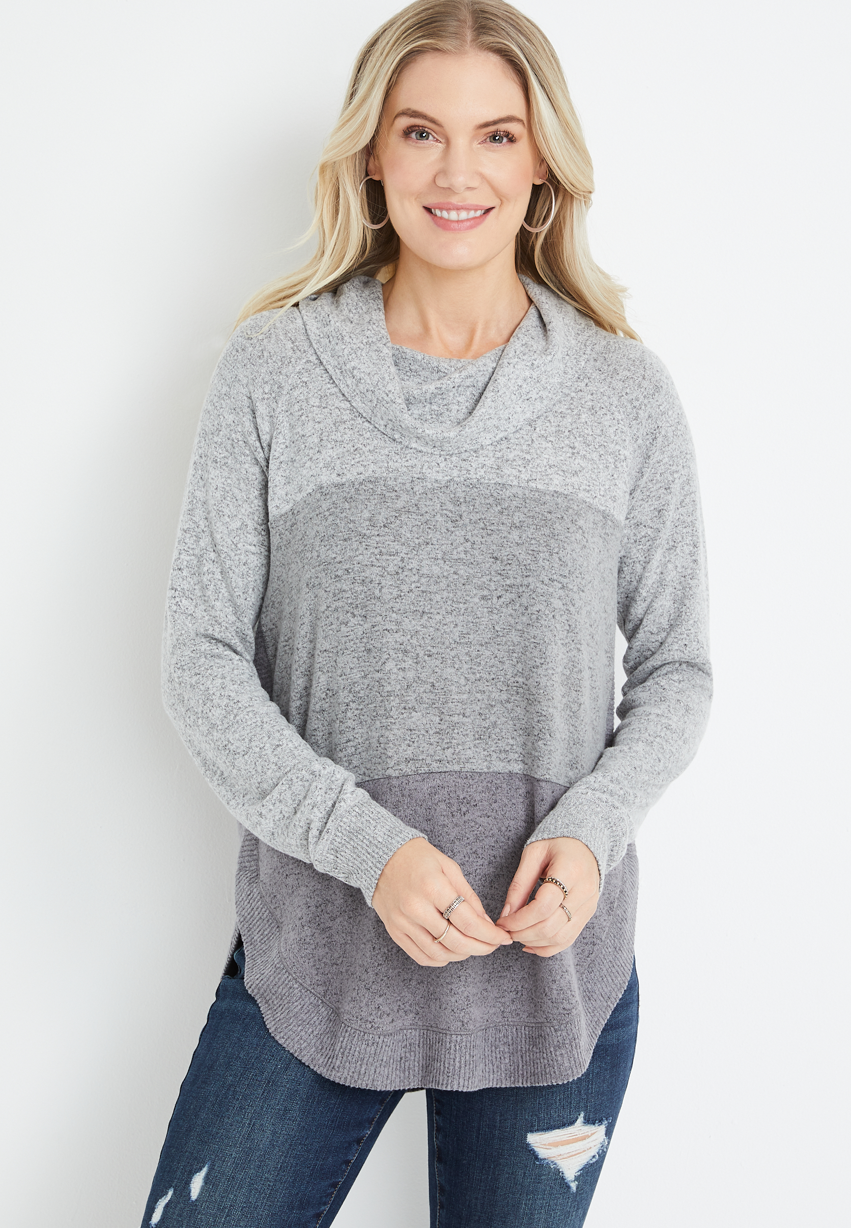 Haven Gray Colorblock Cowl Neck Long Sleeve Top | maurices