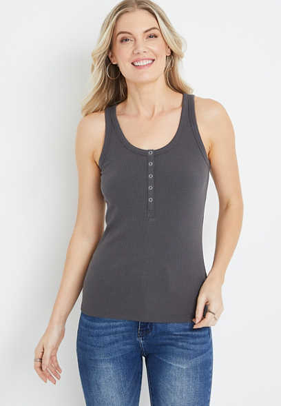 Solid Ribbed Henley Tank Top