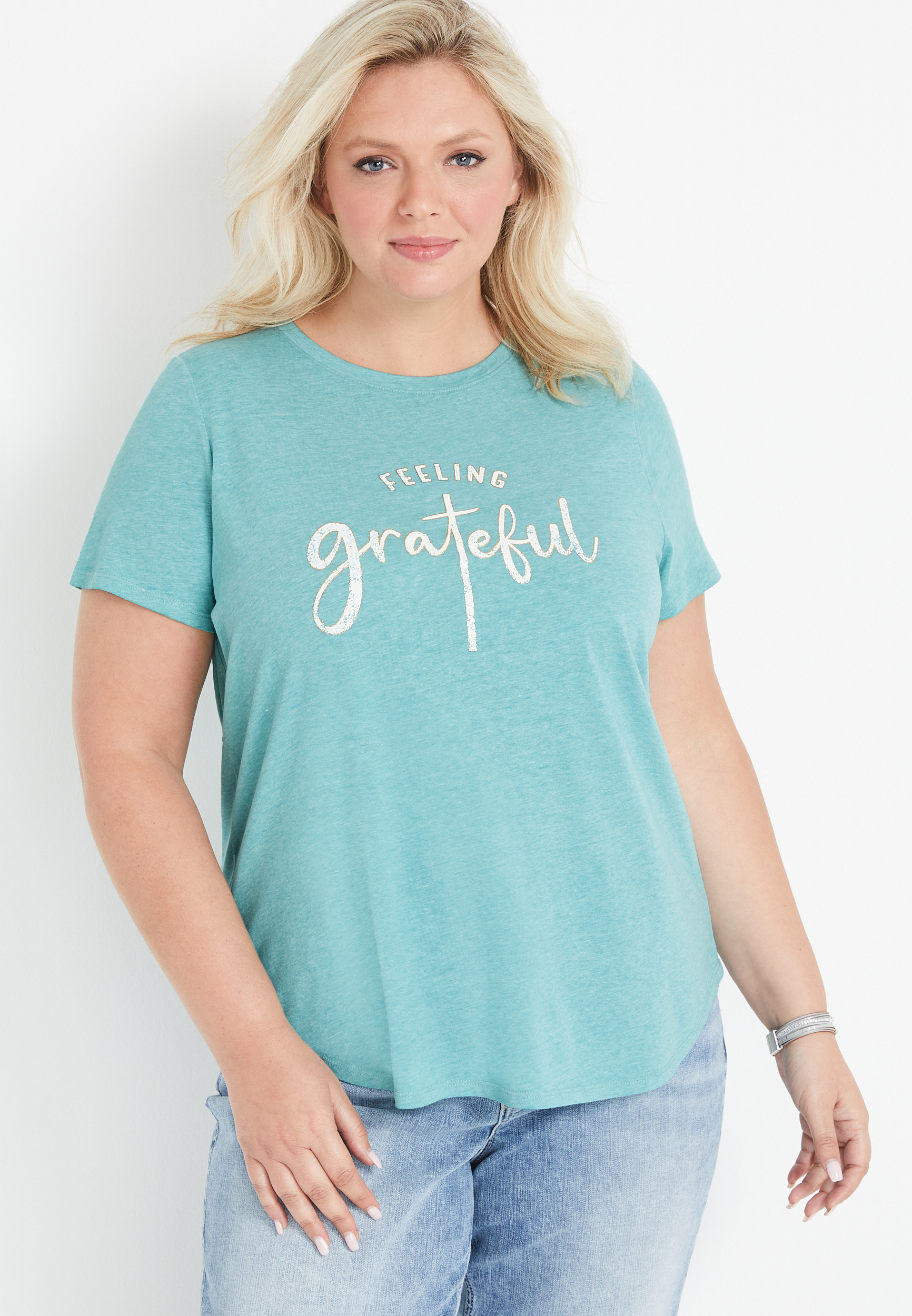Plus Size Feeling Grateful Teal Graphic Tee maurices