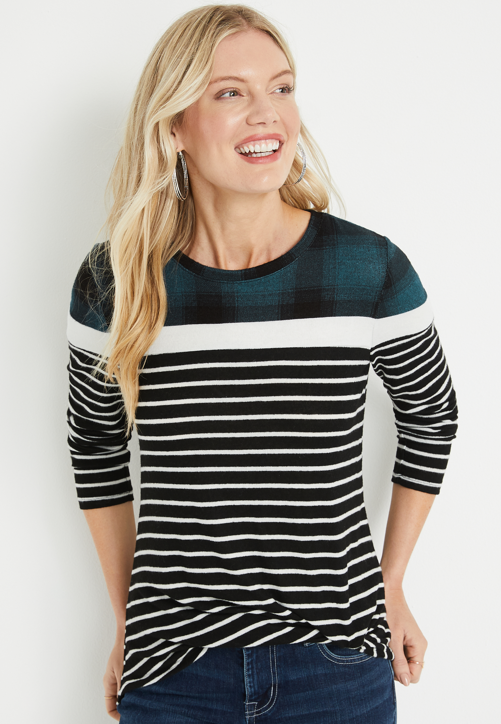 24/7 Stripe Plaid Blocked Knot Hem Mixer Tee | maurices