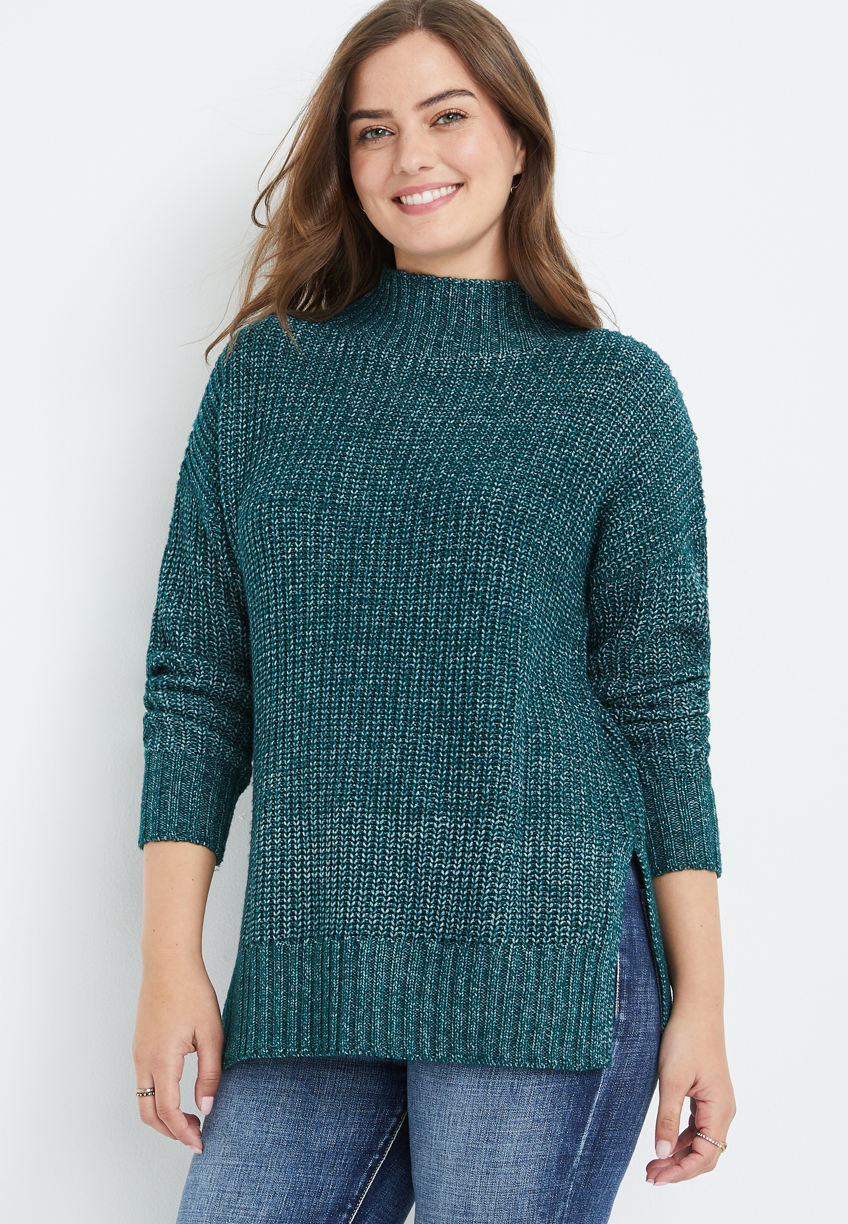 solid mock neck tunic sweater