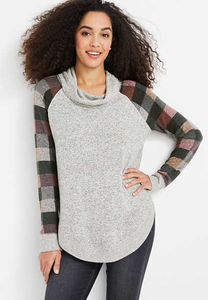 Haven Gray Plaid Cowl Neck Long Sleeve Top