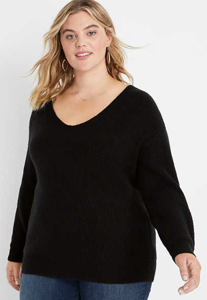 Plus Size Black V-Neck Long Sleeve Sweater