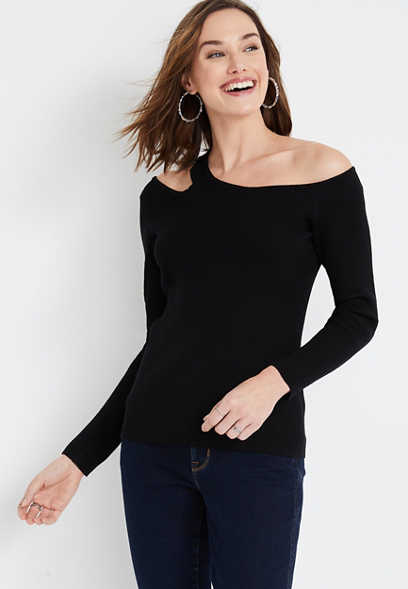 Solid Cut Out Shoulder Sweater