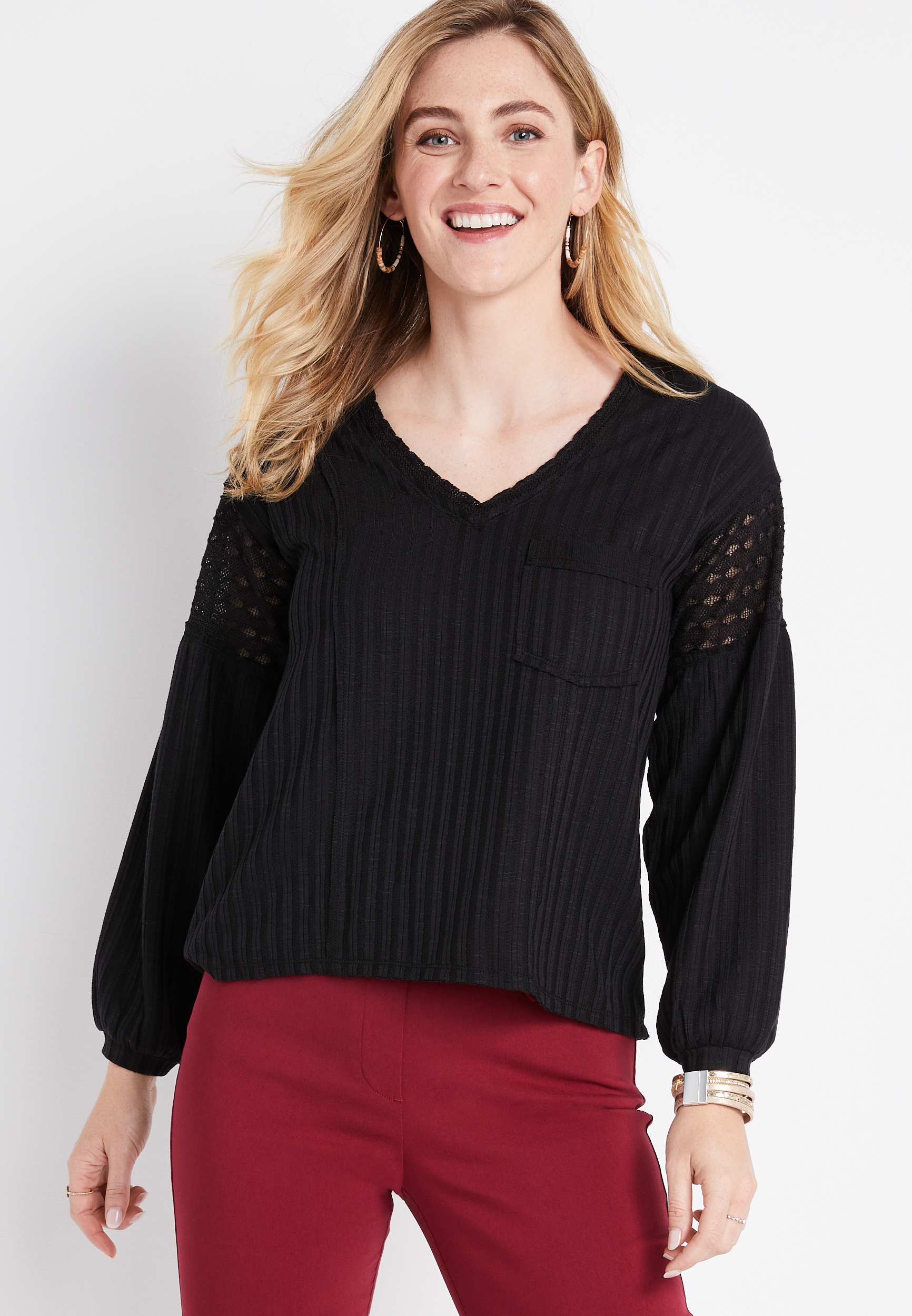 Black V Neck Lace Trim Top | maurices