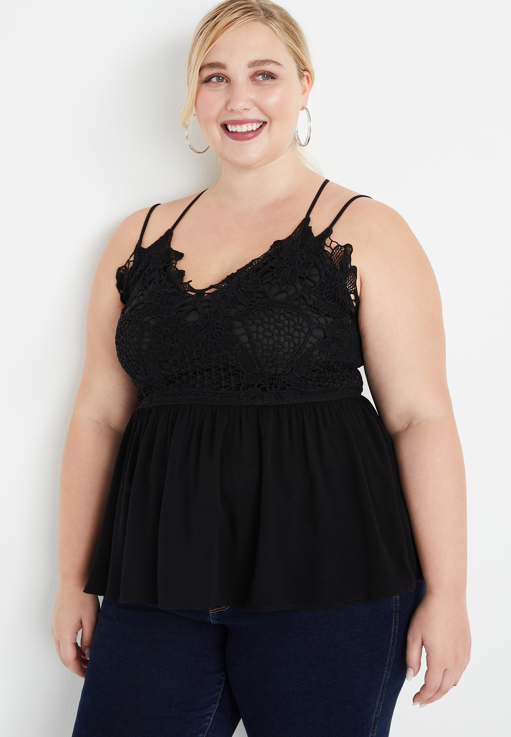 Elegant Solid Spaghetti Strap Cami Black Plus Size Tank Tops