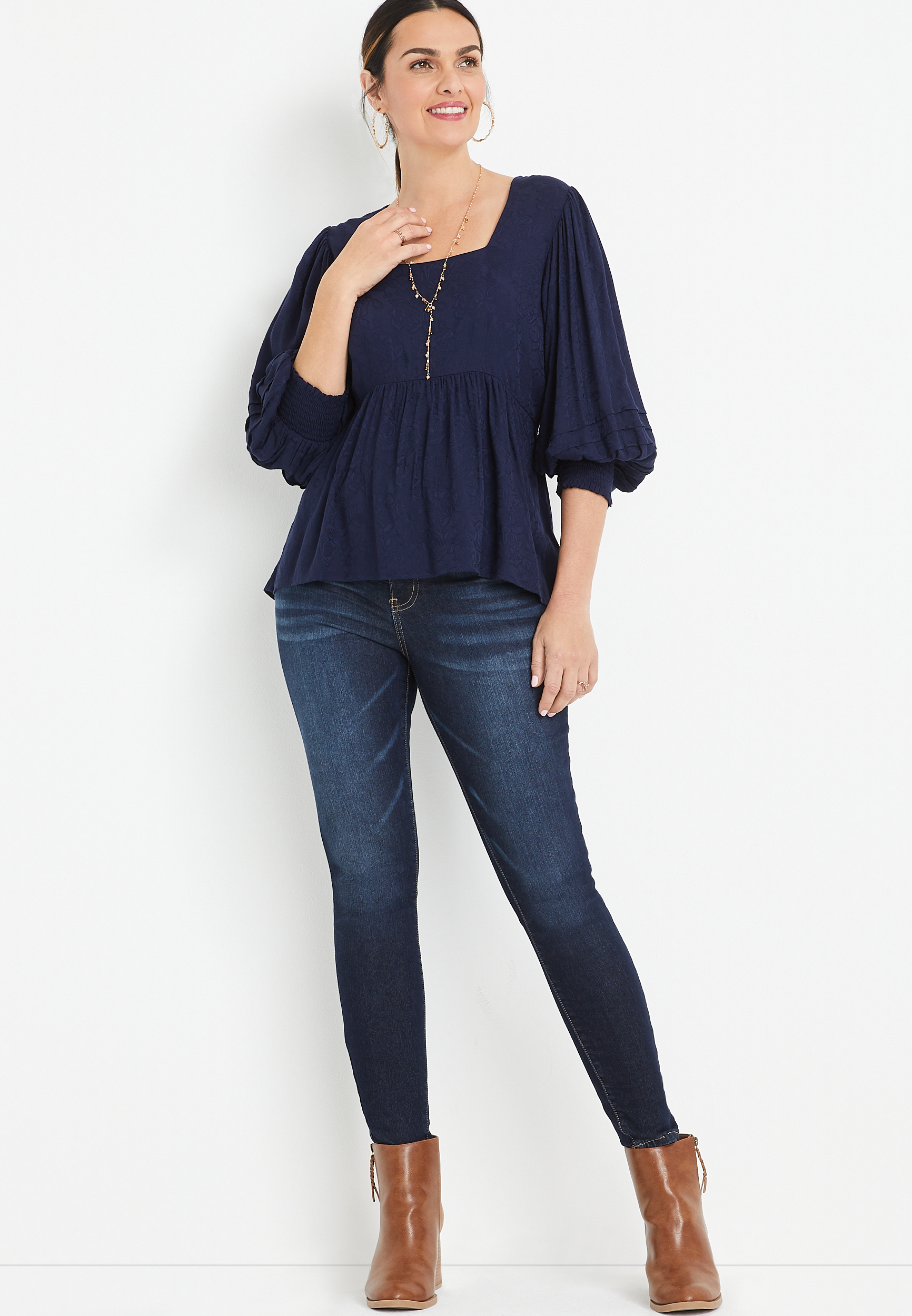 Navy Square Neck Peasant Blouse | maurices