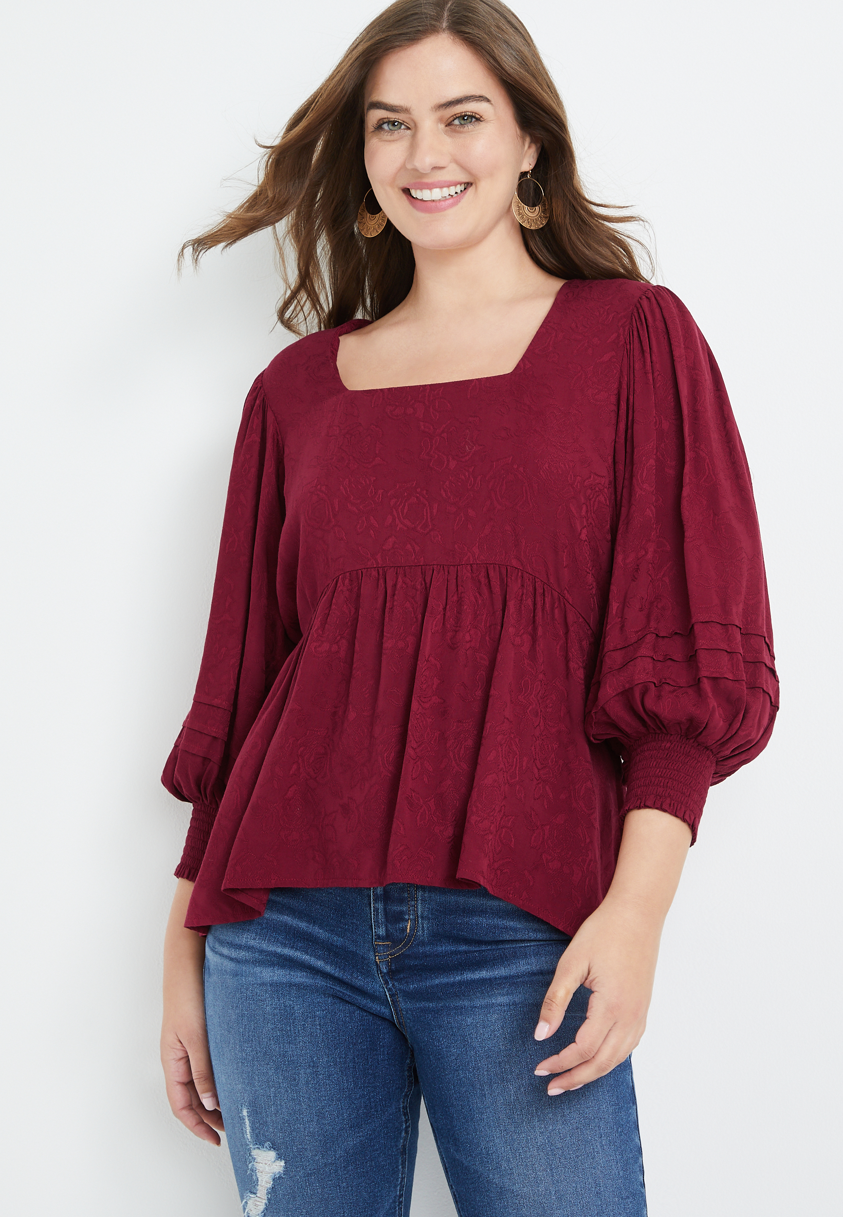 Red Square Neck Peasant Blouse | maurices