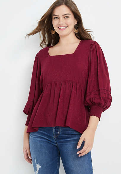 Red Square Neck Peasant Blouse