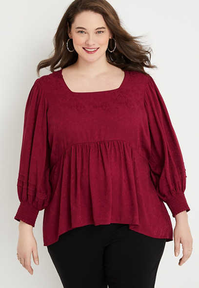 Plus Size Red Square Neck Peasant Blouse