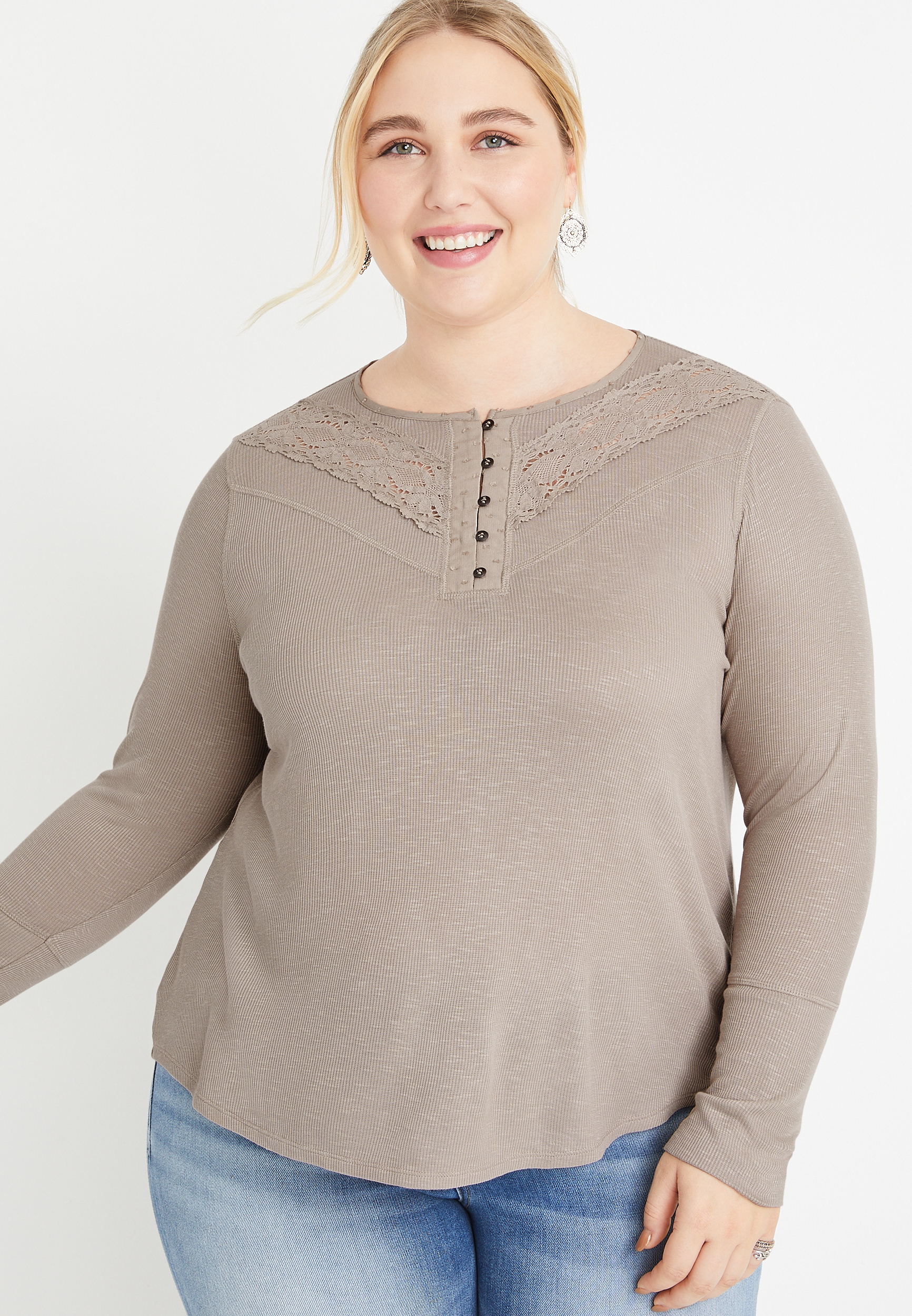 Plus Size Solid Lace Long Sleeve Henley Top