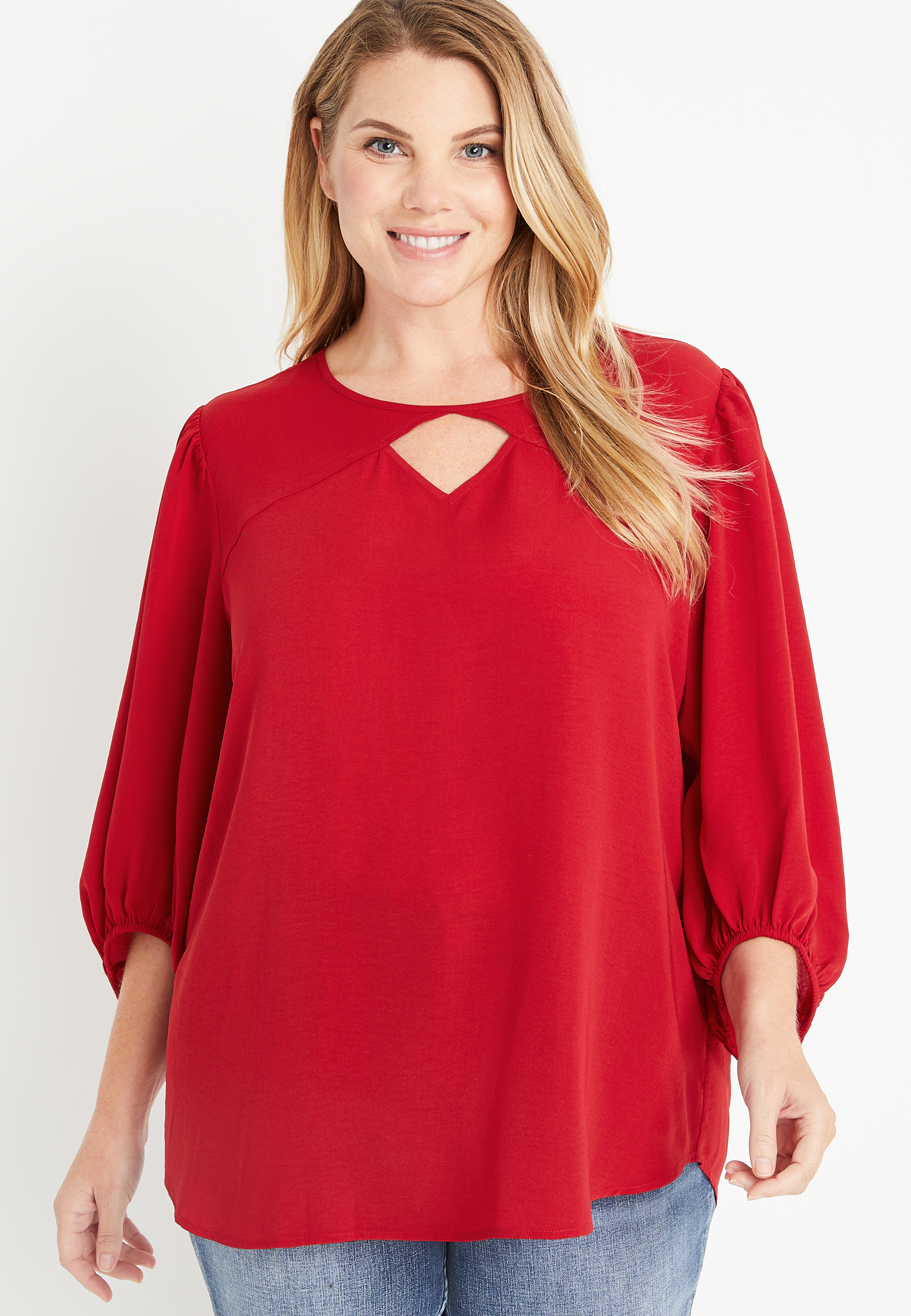 Plus Size Keyhole Neck Balloon Sleeve Blouse | maurices