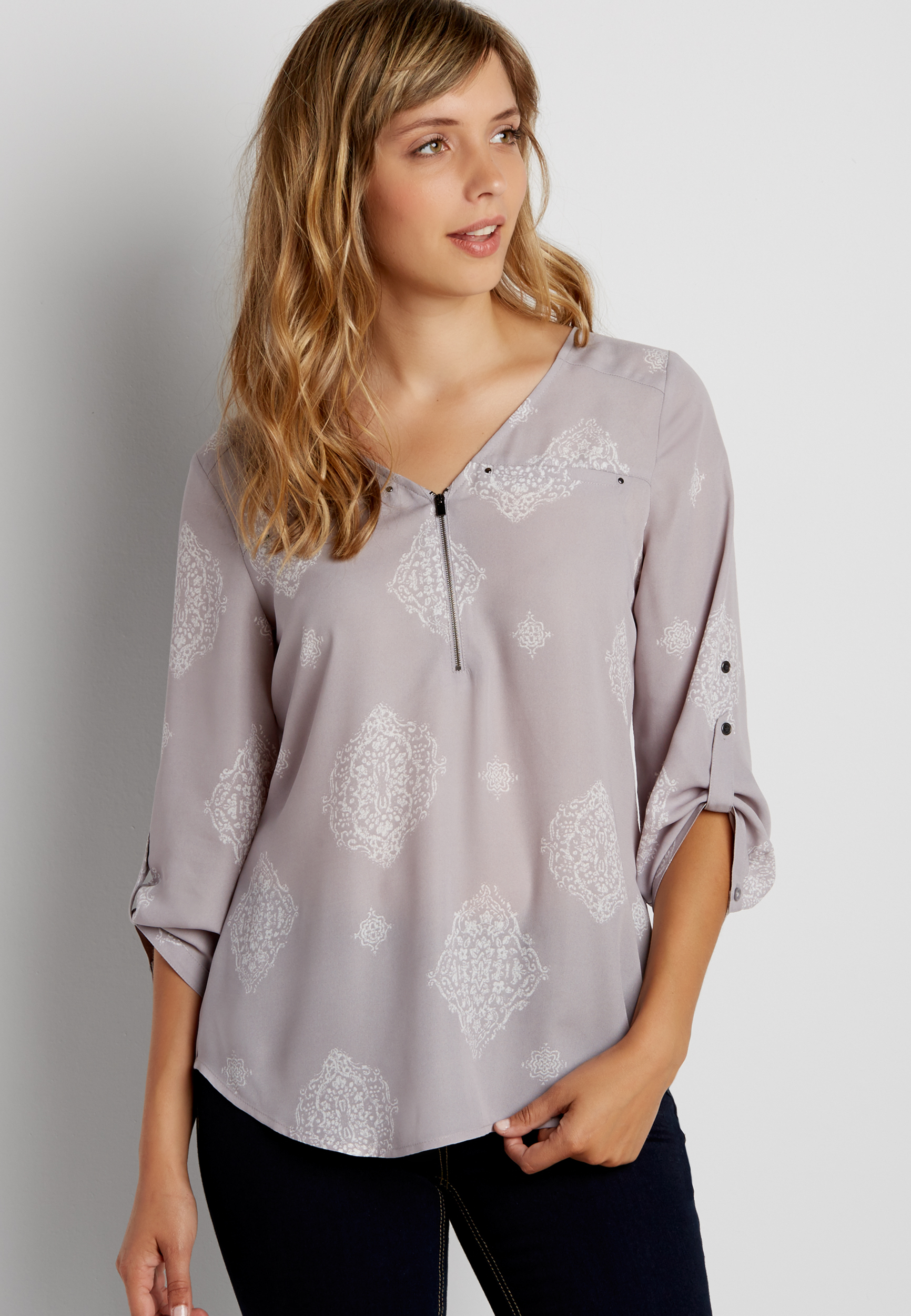 the perfect blouse with zipper neckline in medallion print | maurices