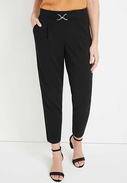 Black Skiny Ankle High Rise Buckle Crepe Pant