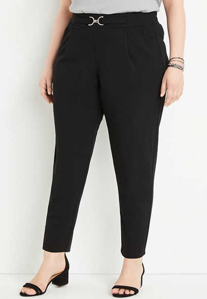 Plus Size Black Skiny Ankle High Rise Buckle Crepe Pant