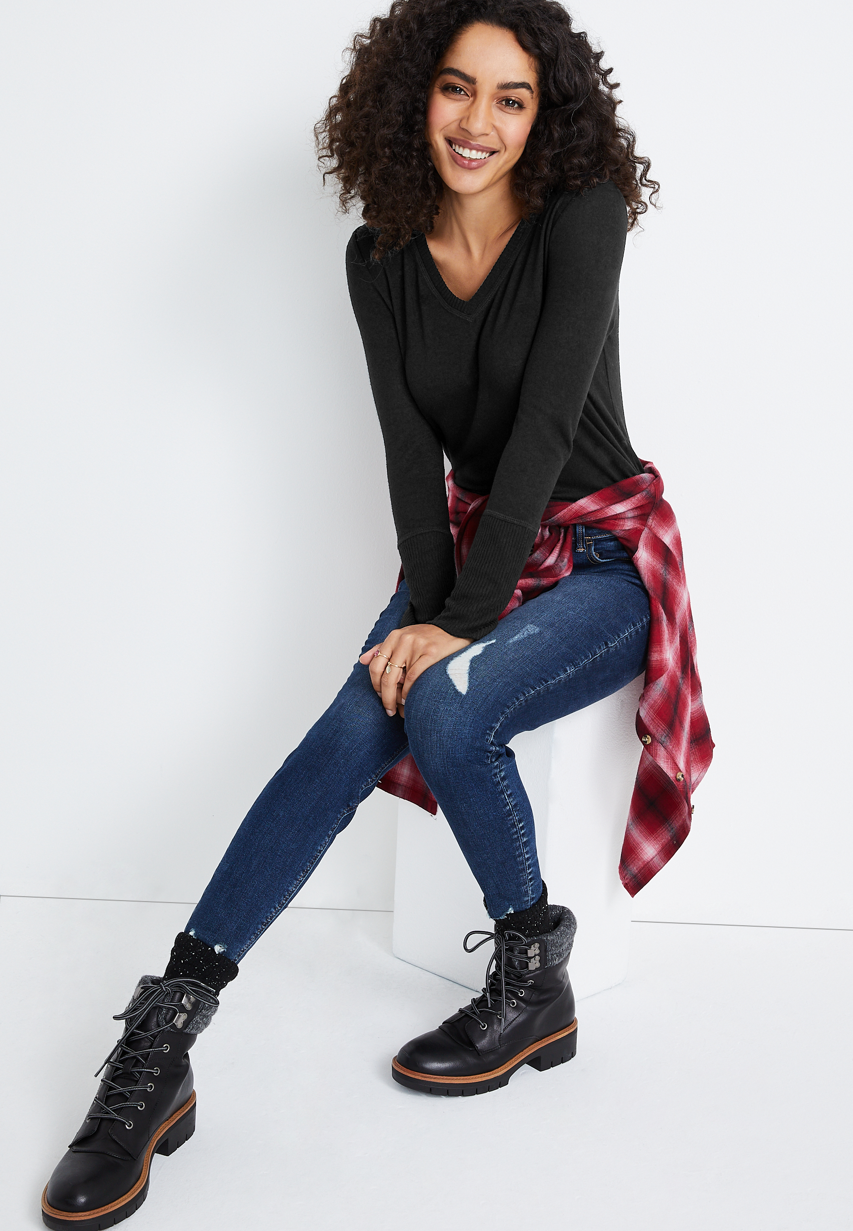 24/7 Cozy V Neck Long Sleeve Tee, C106, large