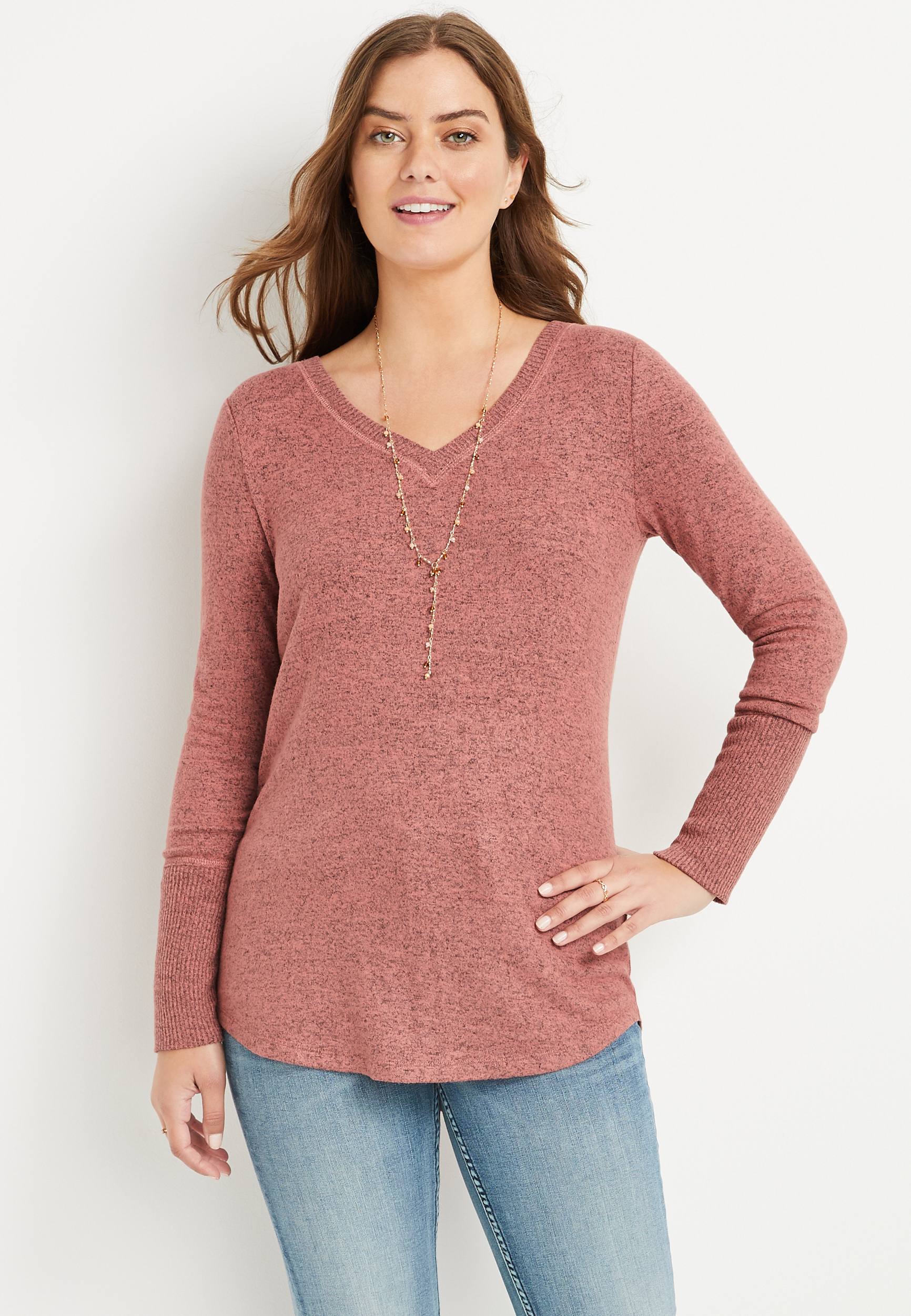 American Textured V-Neck Tie Long Sleeve Tee