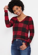 24/7 Buffalo Plaid V Neck Long Sleeve Tee, C7044, small