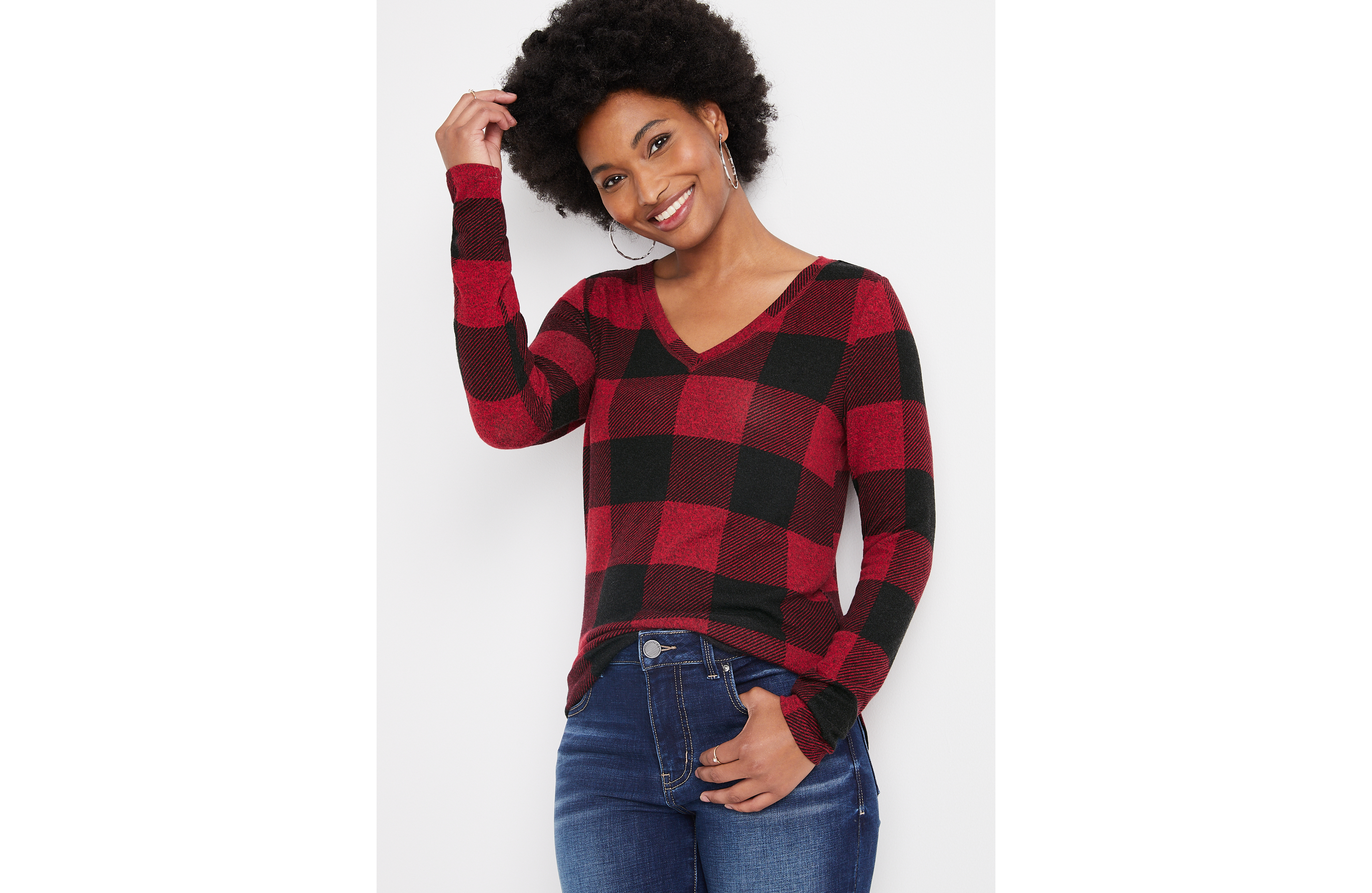 24/7 Buffalo Plaid V Neck Long Sleeve Tee
