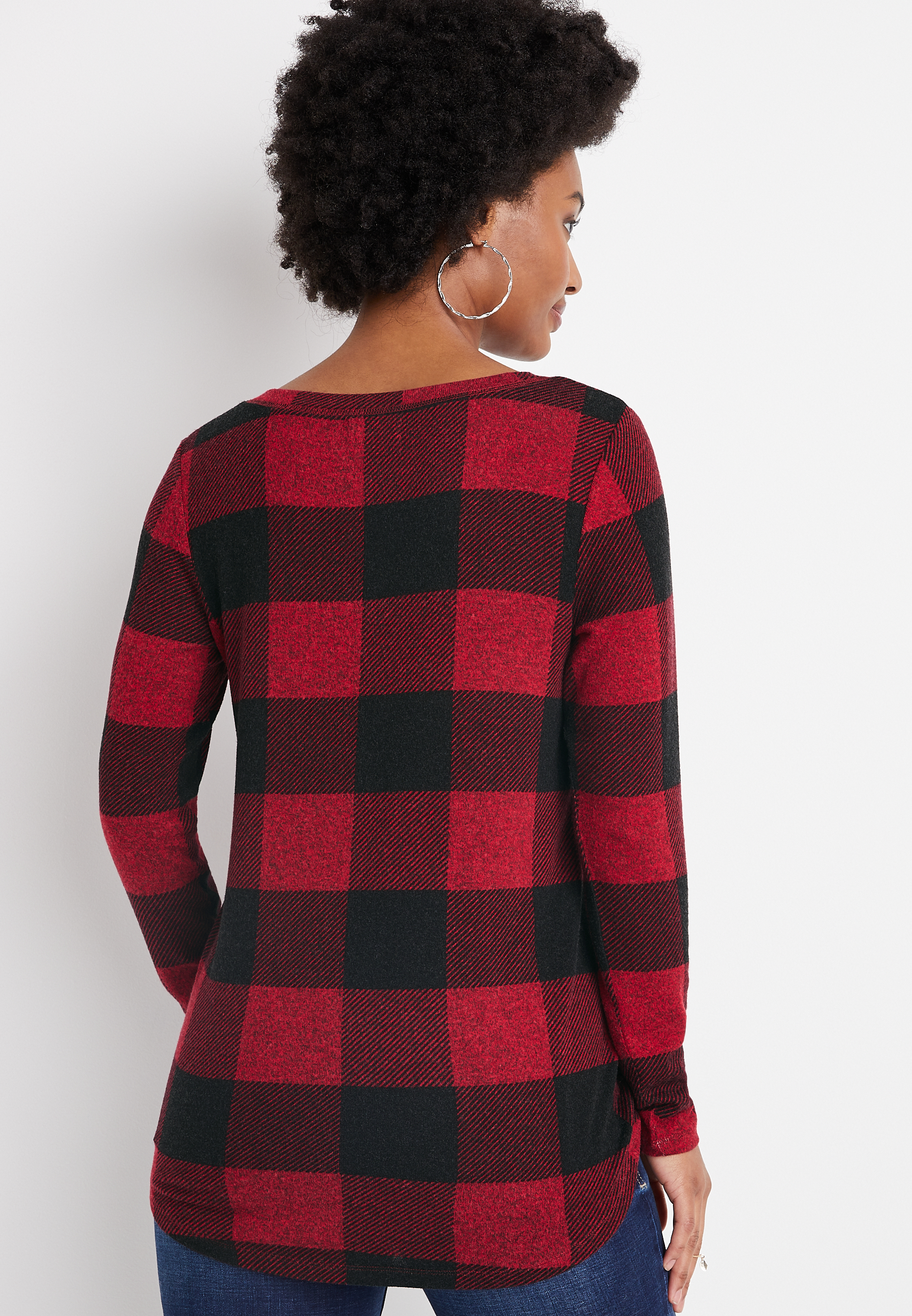 24/7 Buffalo Plaid V Neck Long Sleeve Tee, C7044, large