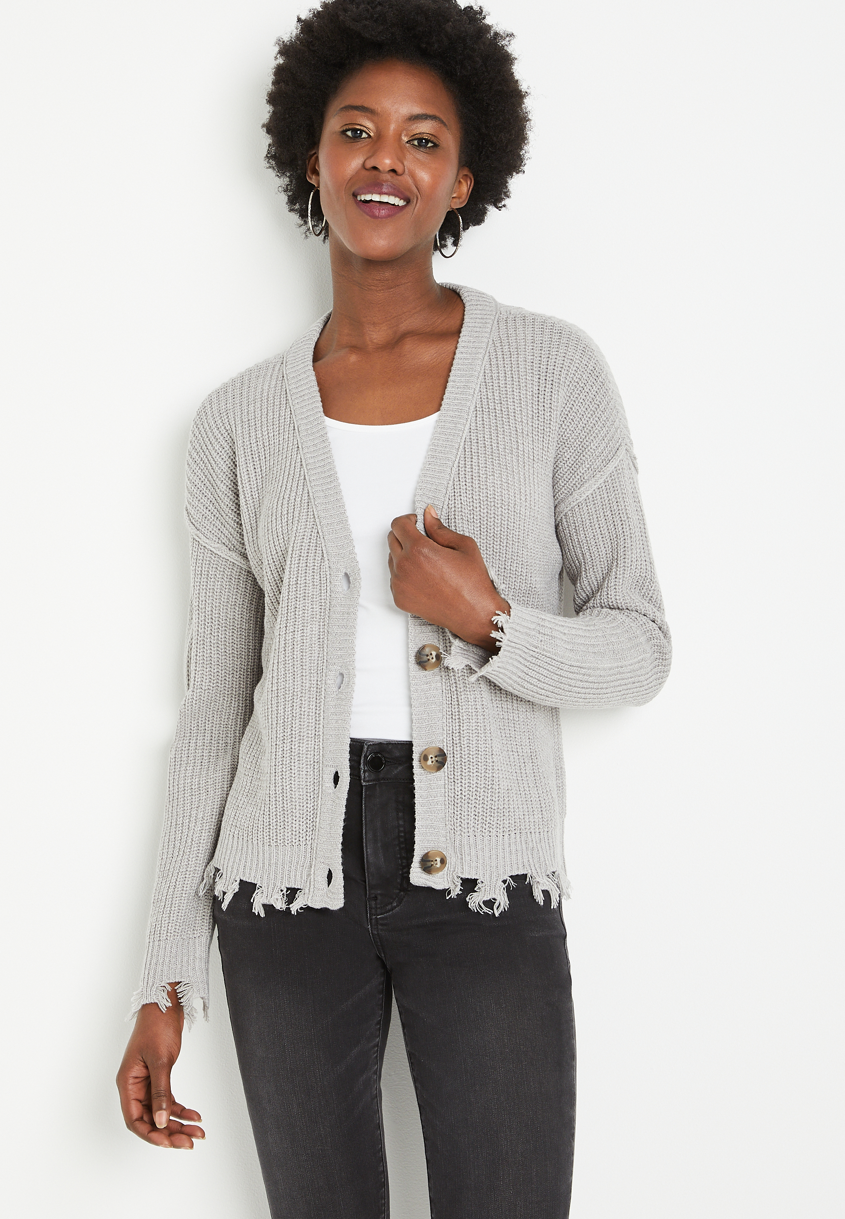 Solid Ripped Hem Long Sleeve Cardigan | maurices