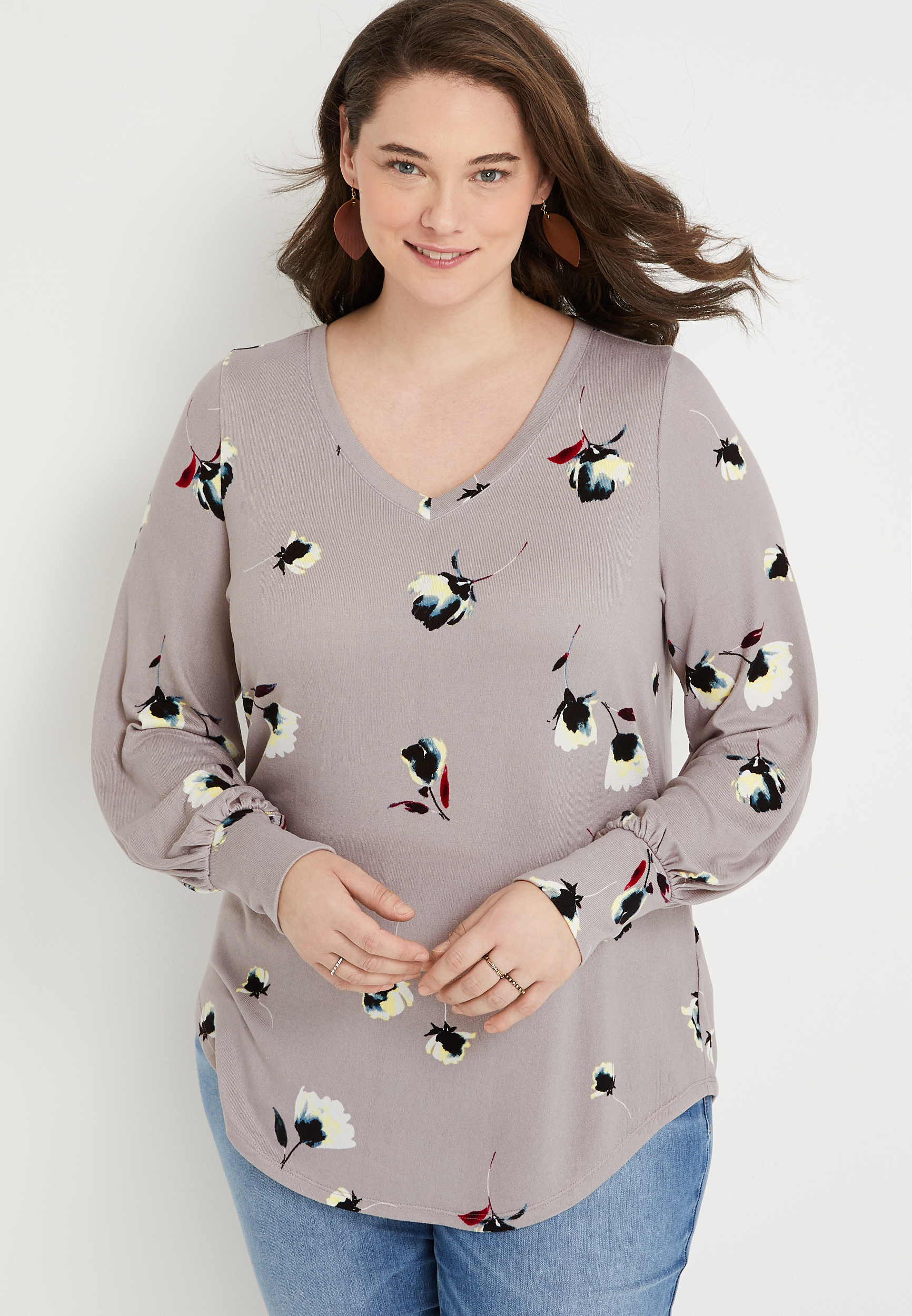 Plus Size Cozy Floral Gray Blouson Sleeve Top | maurices