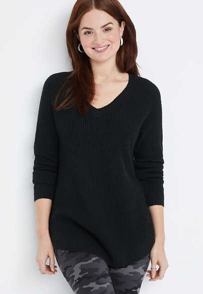 Solid V Neck Long Sleeve Sweater