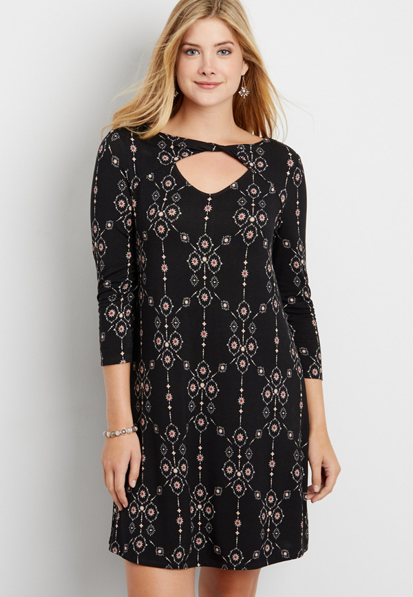 the 24/7 patterned t-shirt dress with twisted neckline | maurices