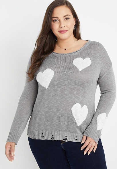 Plus Size Gray Heart Destructed Hem Sweater