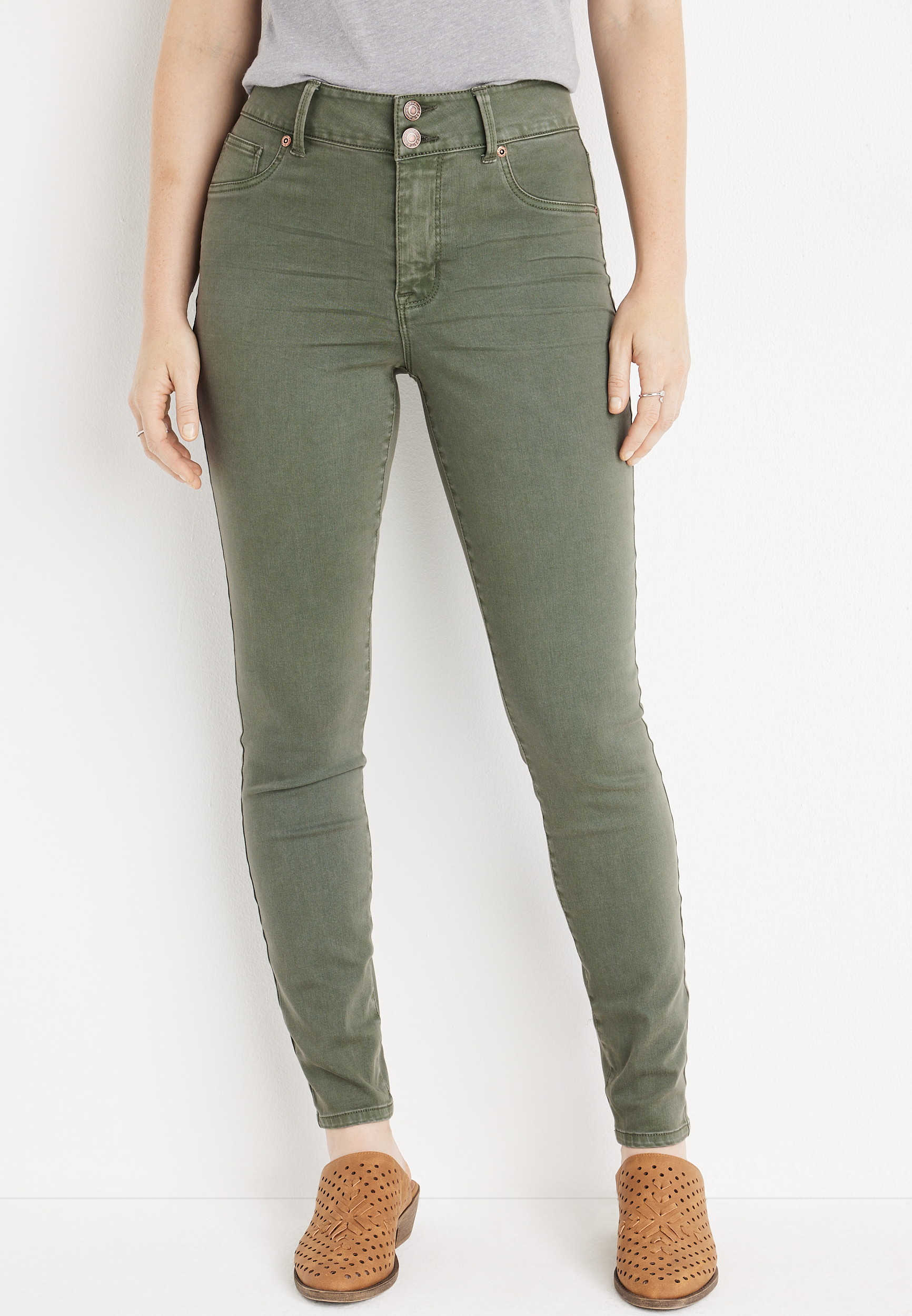 Maurices Cotton Jeggings Large Regular Green Womens Tapered False Pockets  Skinny