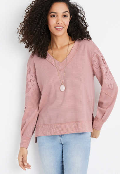 Pink Waffle Lace Sleeve V Neck Top
